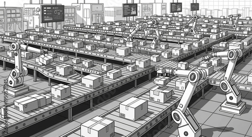 Automated Factory Assembly Line with Robotic Arms and Conveyor Belts.