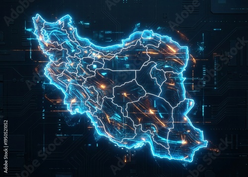 Glowing outline of iran with digital lights, suitable for cultural presentations, travel websites, educational materials, and patriotic designs.