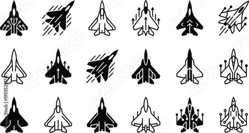 Modern jet fighter aircraft icons set. military air force planes, supersonic speed, and aviation technology symbols