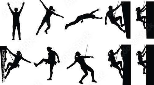 Rock climbing silhouette collection, cad drawing flat vector illustration, flavector set of people rappelling, bouldering, and mountaineering in extreme sports.