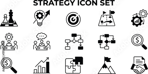 Business strategy and planning development icons set. corporate management, goal setting, and financial growth symbols