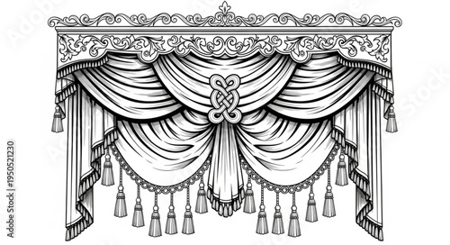 Elegant Window Treatment - Ornate Swag Valance with Tassels and Intricate Details.