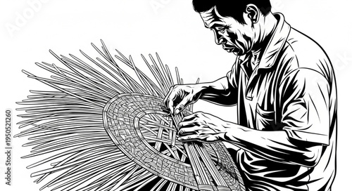 Focused Artisan Weaving Intricate Basket with Precision and Dedication.