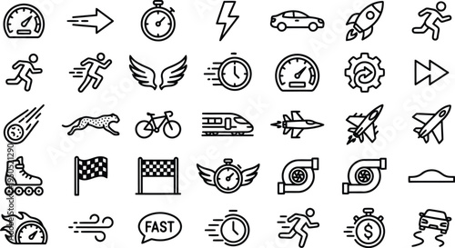Dynamic speed and motion outline icons set for fast paced industry, race, and performance concepts