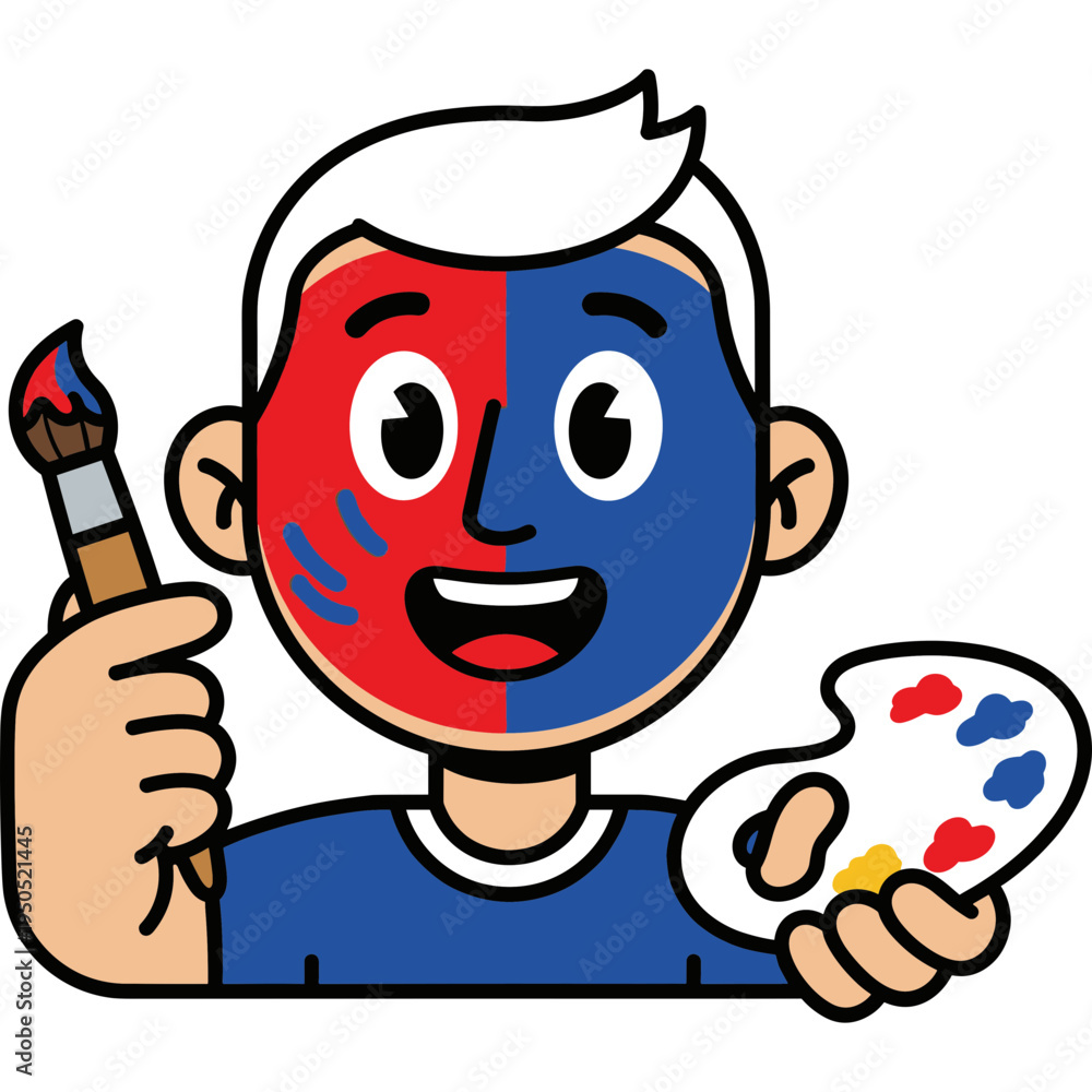 Fototapeta premium Cartoon boy enthusiastically painting with a brush and palette