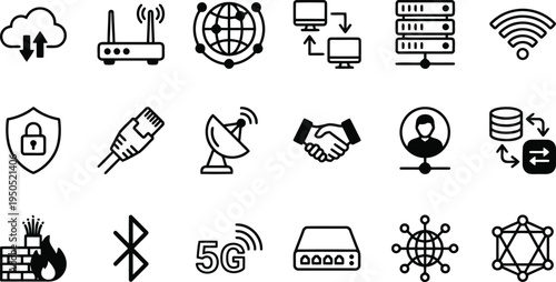 Essential networking and communication outline icons for data, security, and global connectivity