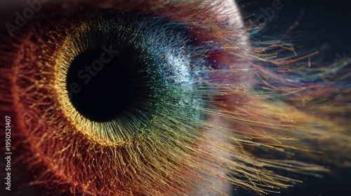 Extreme close up of human eye iris with colorful data streams