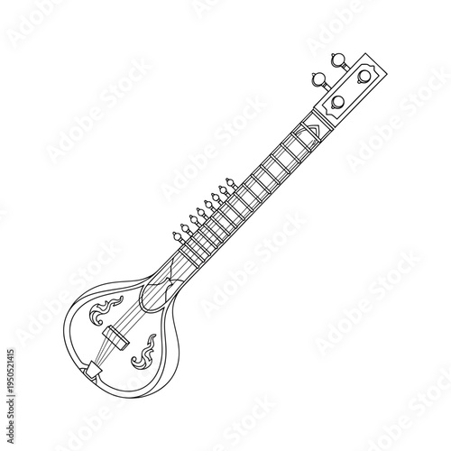 Traditional indian stringed musical instrument veena line art illustration on white background cultural heritage symbol musical concept art