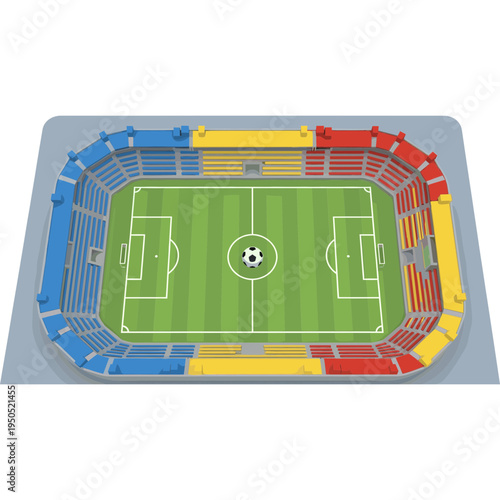 Soccer stadium aerial view with colorful seats and green field