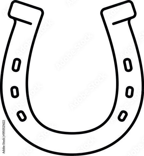 Simple black outline drawing of a classic u-shaped horseshoe featuring six distinct nail holes against a plain white background