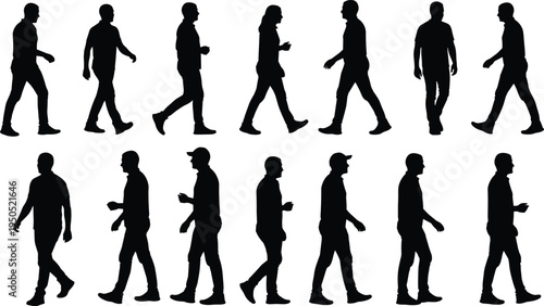 Set of walking people silhouettes, diverse group men and women side view, cad drawing flat vector illustration flavector, pedestrian motion graphics.