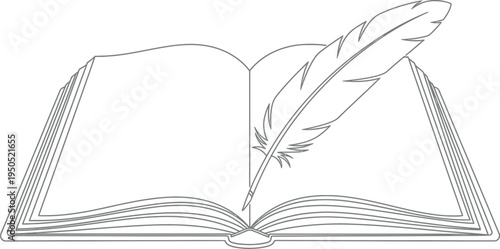 An elegant minimalist line art illustration features an open book with blank pages and a classic feather quill pen, symbolizing literature, storytelling, education, and creative writing concepts.