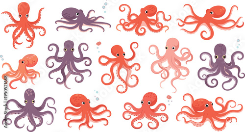 Cute octopus vector character sheet collection featuring various swimming and crawling poses with curly tentacles isolated on white background for marine life ocean and aquarium themed graphic design.