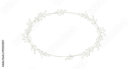 Delicate golden oval frame adorned with minimalist botanical line art featuring small buds perfect for elegant wedding invitations