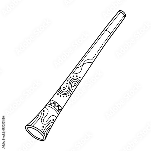 Hand drawn illustration of a decorative didgeridoo wind instrument with tribal patterns and designs on a white background