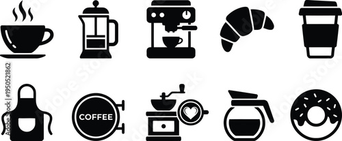 Coffee shop icons: drinks, food, and cafe equipment, collection of icons related to coffee and cafe culture