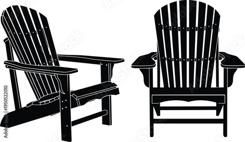 Silhouette Adirondack chairs outdoor furniture design, rustic relaxation artwork, wide armrest seating illustration, cozy garden patio comfort theme