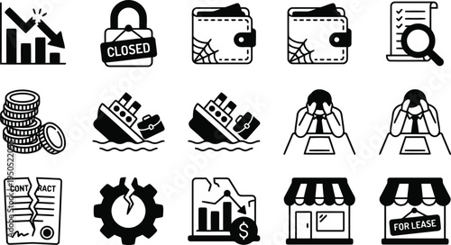 Financial crisis icons: recession, debt, closure, loss, bankruptcy, store shut down
