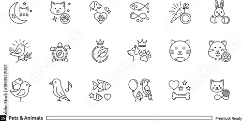 A collection of cute minimalist pets and animals line icons for digital design, representing various domestic and wild creatures, perfect for web and mobile applications.