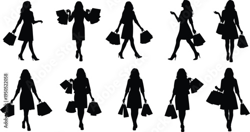 Shopping woman silhouette collection, cad drawing flat vector illustration, flavector set of girls walking with shopping bags for retail sales.