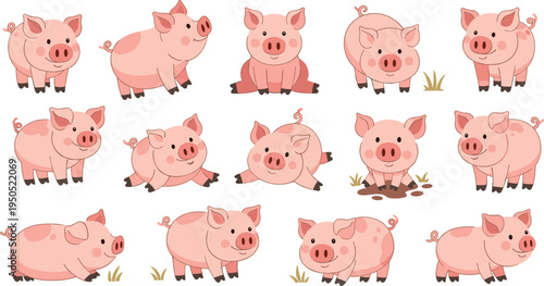 Cute pink piglet vector character sheet set featuring various funny poses playing in mud and sitting isolated on white background for children book and farm animal design.