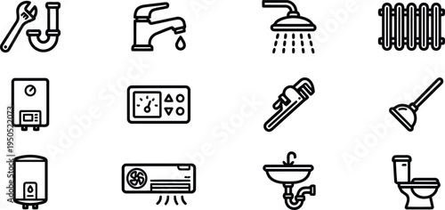 Plumbing and bathroom fixtures icons: faucet, shower, toilet, radiator, boiler, sink