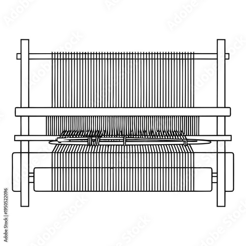 Traditional wooden handloom with vertical threads stretched tightly across frame for weaving fabric craftsmanship concept