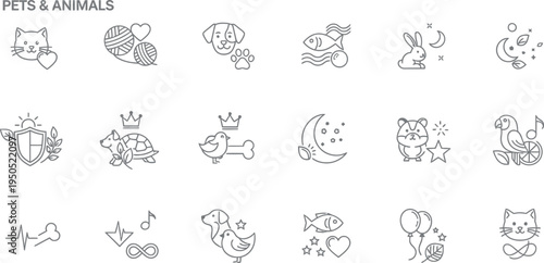 A charming collection of outline style icons representing various beloved pets, animal care, and related concepts for veterinary use.