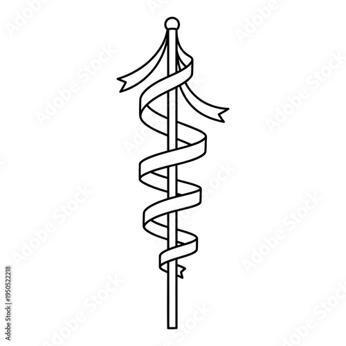Detailed illustration of a caduceus symbol with twisted ribbons and a staff on a white background representing medicine and healthcare