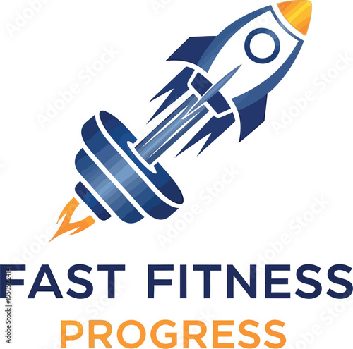 A dynamic and innovative fitness logo illustrating rapid health and strength progress through the powerful combination of a launching rocket and an ascending barbell weight.