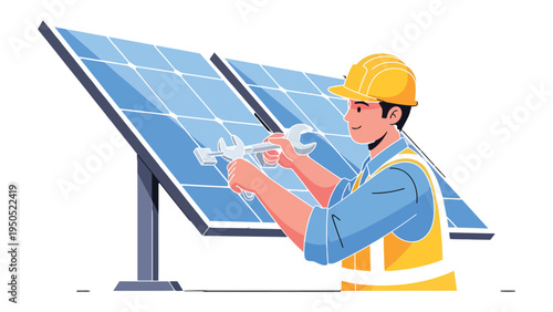 Harnessing Solar Energy: A skilled worker meticulously inspects and maintains solar panels, highlighting the crucial role of human effort in powering a sustainable future.
