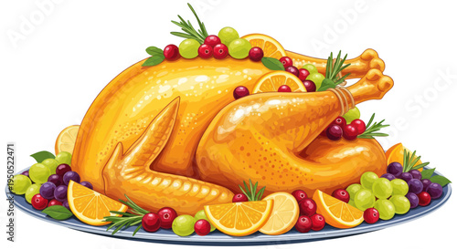 Golden Roasted Turkey with Fresh Fruit Garnish for Holiday Feast