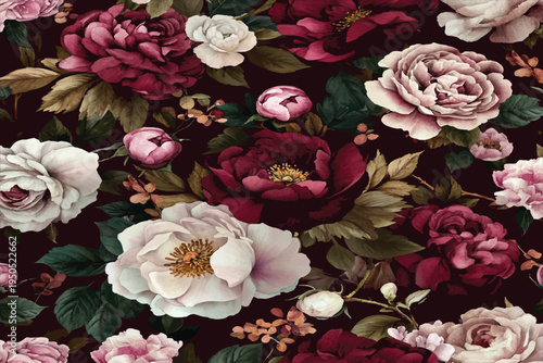 Seamless pattern with roses and peonies on a burgundy background, vector illustration. Detailed character illustrations, texture-rich canvases, strong lighting contrasts, and a playful color palette.