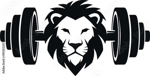A bold and powerful black and white logo featuring a majestic lion's head integrated seamlessly as the centerpiece of a sturdy barbell, symbolizing strength and fitness.