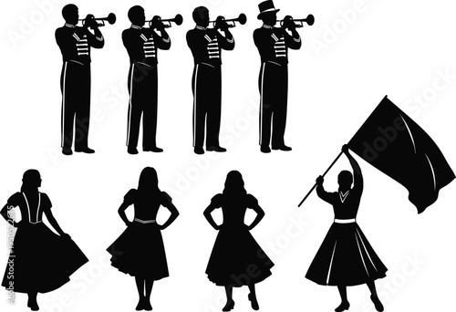 Silhouette marching band with trumpets and dancers, parade performance illustration, musical artwork, festive celebration design, coordinated entertainment theme