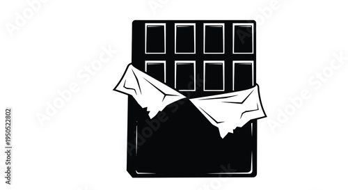A simple black and white illustration depicts a rectangular chocolate bar with several broken sections revealing its interior