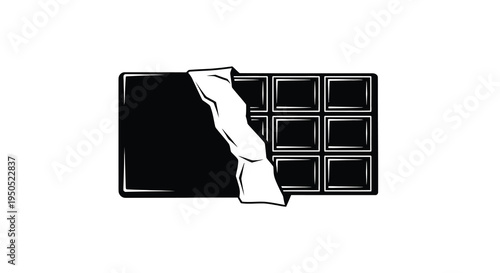 A graphic illustration depicts a partially unwrapped chocolate bar revealing a grid of individual square sections high quality professional