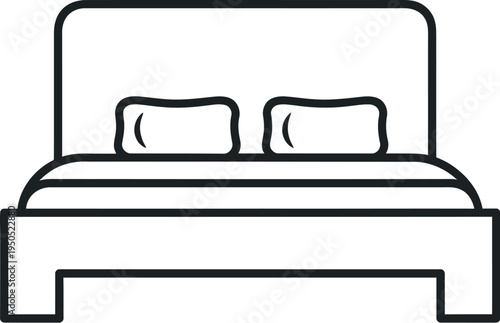 Simple black line art icon representing a comfortable double bed with two pillows suitable for bedroom or hotel design concepts
