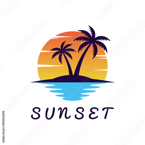 Tropical sunset island logo with palm tree