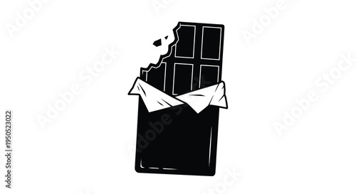 A striking black and white illustration depicts a partially unwrapped chocolate bar with a bite taken out of it