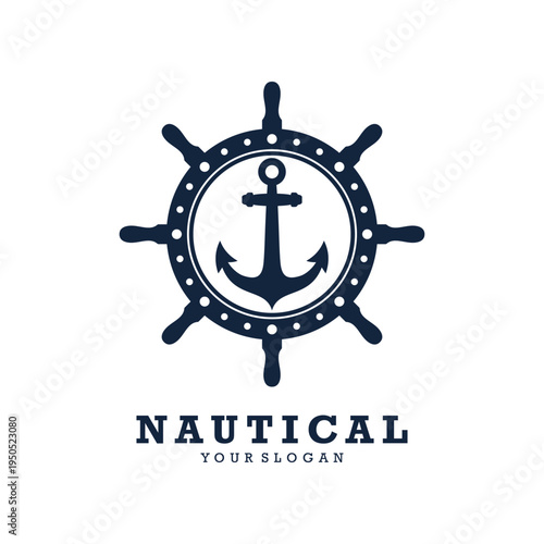 Nautical ship wheel anchor marine logo design