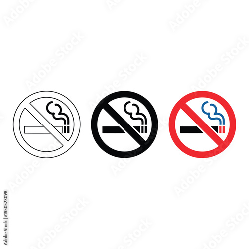 Three variations of a no smoking symbol displayed in black white and red
