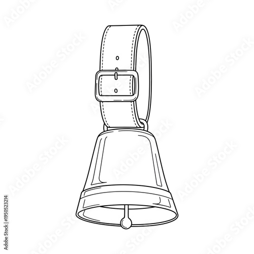 Simple black and white line drawing of a cowbell with leather strap and buckle minimalist illustration on white background