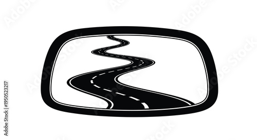 A black and white illustration depicts a winding road reflected in a rearview mirror suggesting travel and perspective