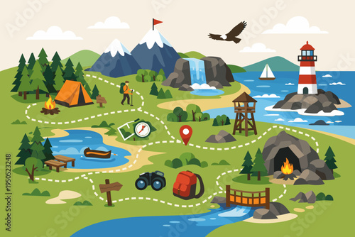 Adventure hiking trail map with mountain trekking path through forest and nature. Expedition travel route featuring lighthouse, camping tent, campfire, waterfall, lake, cave, and eagle.