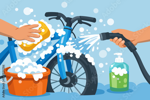 Flat vector illustration of hands washing a blue bicycle with soap and water. Detailed scene of bike maintenance featuring a sponge, bucket, hose, and bubbles for cleaning and care concepts.
