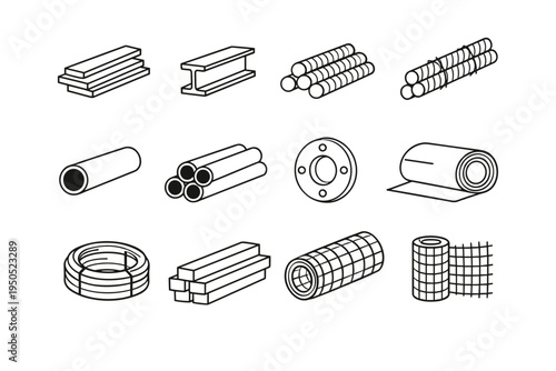 Iron and Steel Products Outline Icons Set featuring Hot Rolled Steel Metal Beams, Rods, Pipes, Flanges, Coils, Wire Mesh, and Rebar. Industrial Construction Materials for Engineering and Building.