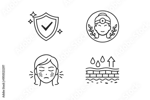 Hypoallergenic and Sensitive Skin Line Icon Set with Allergy Tested Shield, Dermatologist Approved Badge, Irritated Face with Redness, and Skin Barrier Hydration for Skincare and Medical Use