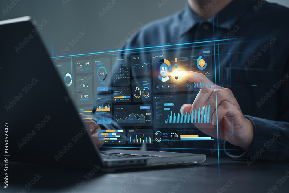 Fototapeta premium Data analytics and big data strategies for real-time analytics, business intelligence analytics, predictive data modeling, and data-driven decision-making in modern digital business.