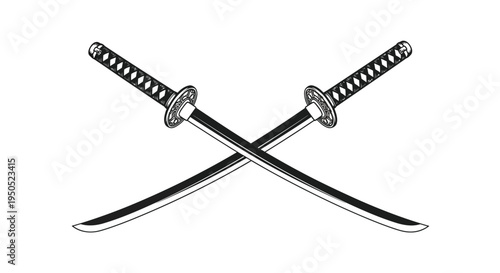 A detailed illustration showcases two traditional japanese katanas crossed highlighting their sharp blades and ornate hilts high quality professional